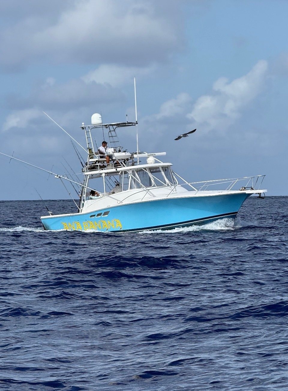 40-foot Luhrs Express sportfishing boat with blue hull and yellow Ana Banana lettering, twin tower
